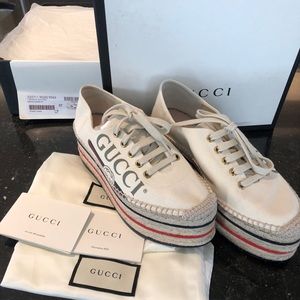 Gucci Platform Red Logo Beige Canvas Espadrille